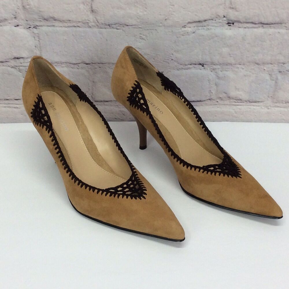 Ann Marino Leather Suede Pump Shoes Womens Size 7.5 Tan/Black Crochet Trim Heels - Picture 5 of 12